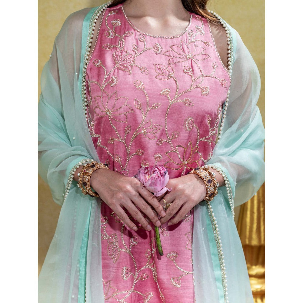 Sheela Suthar Soft Pink Embroidered Kurti with Sharara and Dupatta (Set of 3)