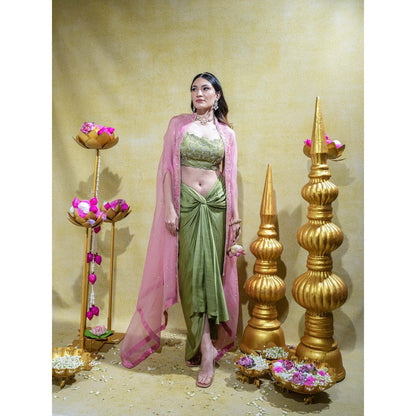 Sheela Suthar Olive Embroidered Bralette with Draped Skirt and Cape (Set of 3)