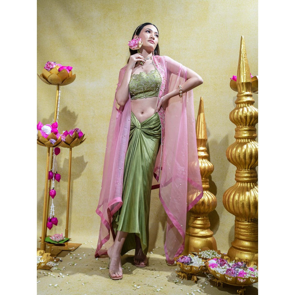 Sheela Suthar Olive Embroidered Bralette with Draped Skirt and Cape (Set of 3)