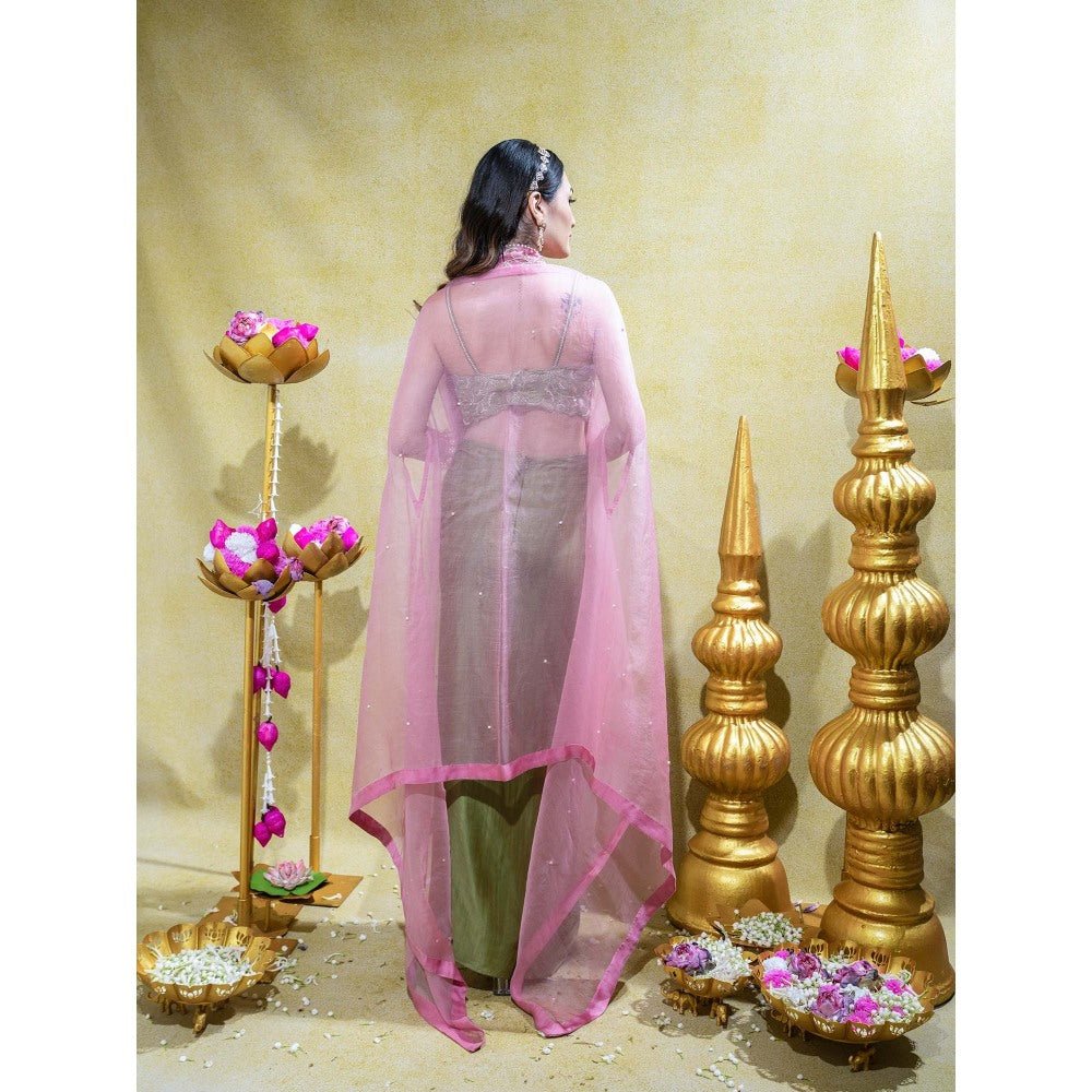 Sheela Suthar Olive Embroidered Bralette with Draped Skirt and Cape (Set of 3)