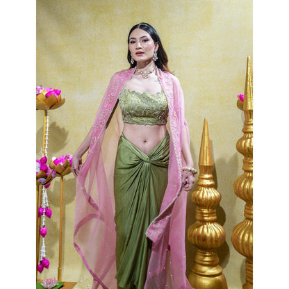 Sheela Suthar Olive Embroidered Bralette with Draped Skirt and Cape (Set of 3)