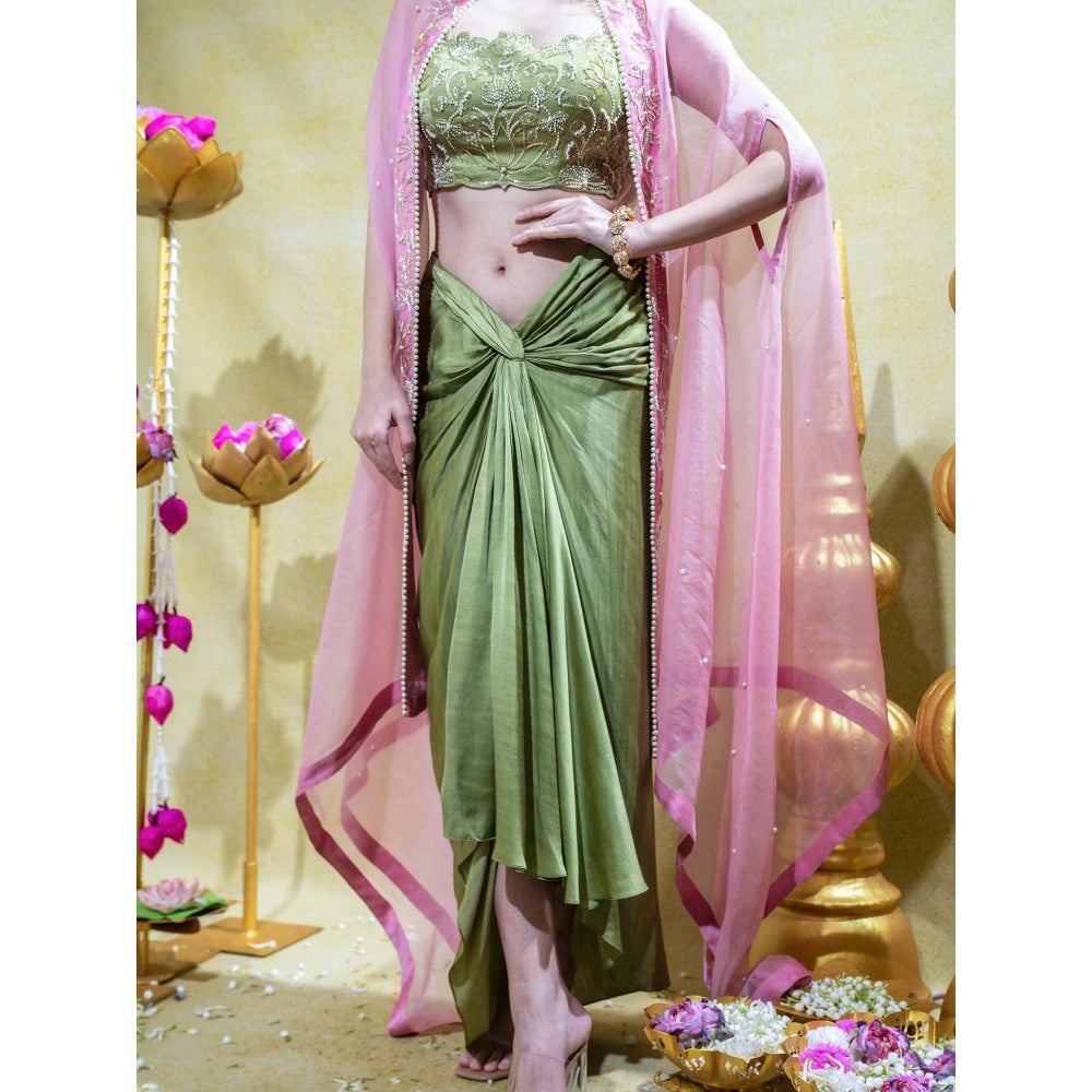 Sheela Suthar Olive Embroidered Bralette with Draped Skirt and Cape (Set of 3)