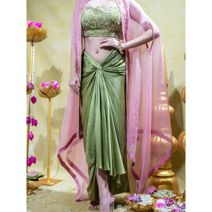 Sheela Suthar Olive Embroidered Bralette with Draped Skirt and Cape (Set of 3)