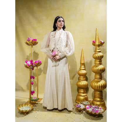 Sheela Suthar Ivory Embordered Silk Organza Shirt with Jacket and Palazzo (Set of 3)