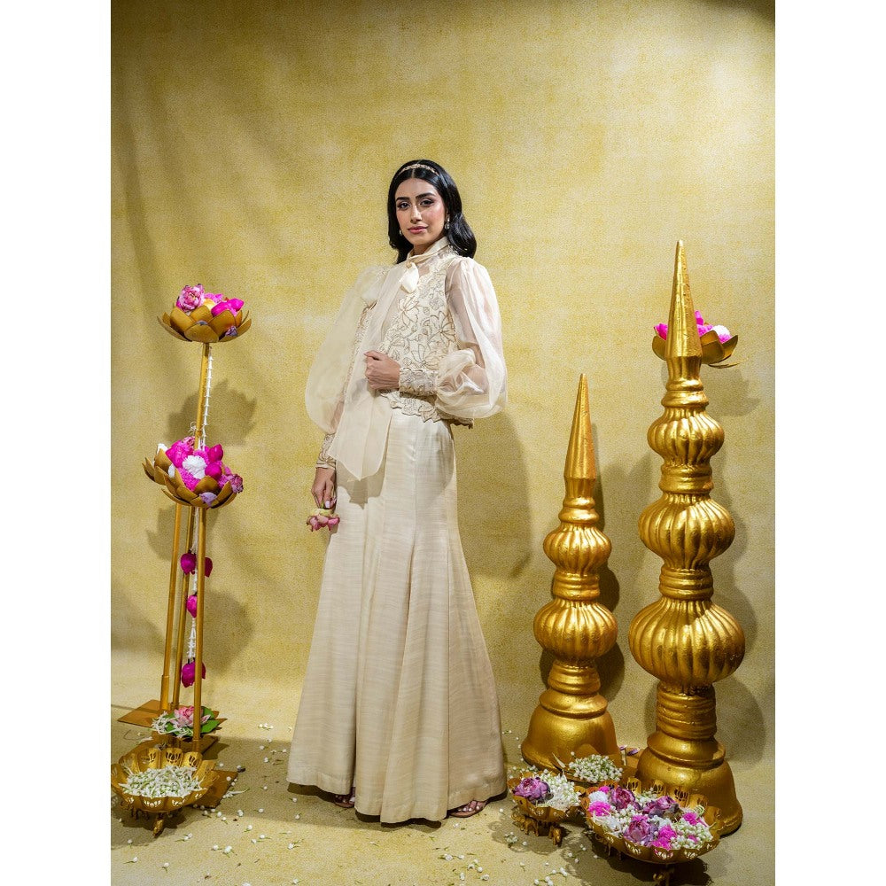 Sheela Suthar Ivory Embordered Silk Organza Shirt with Jacket and Palazzo (Set of 3)