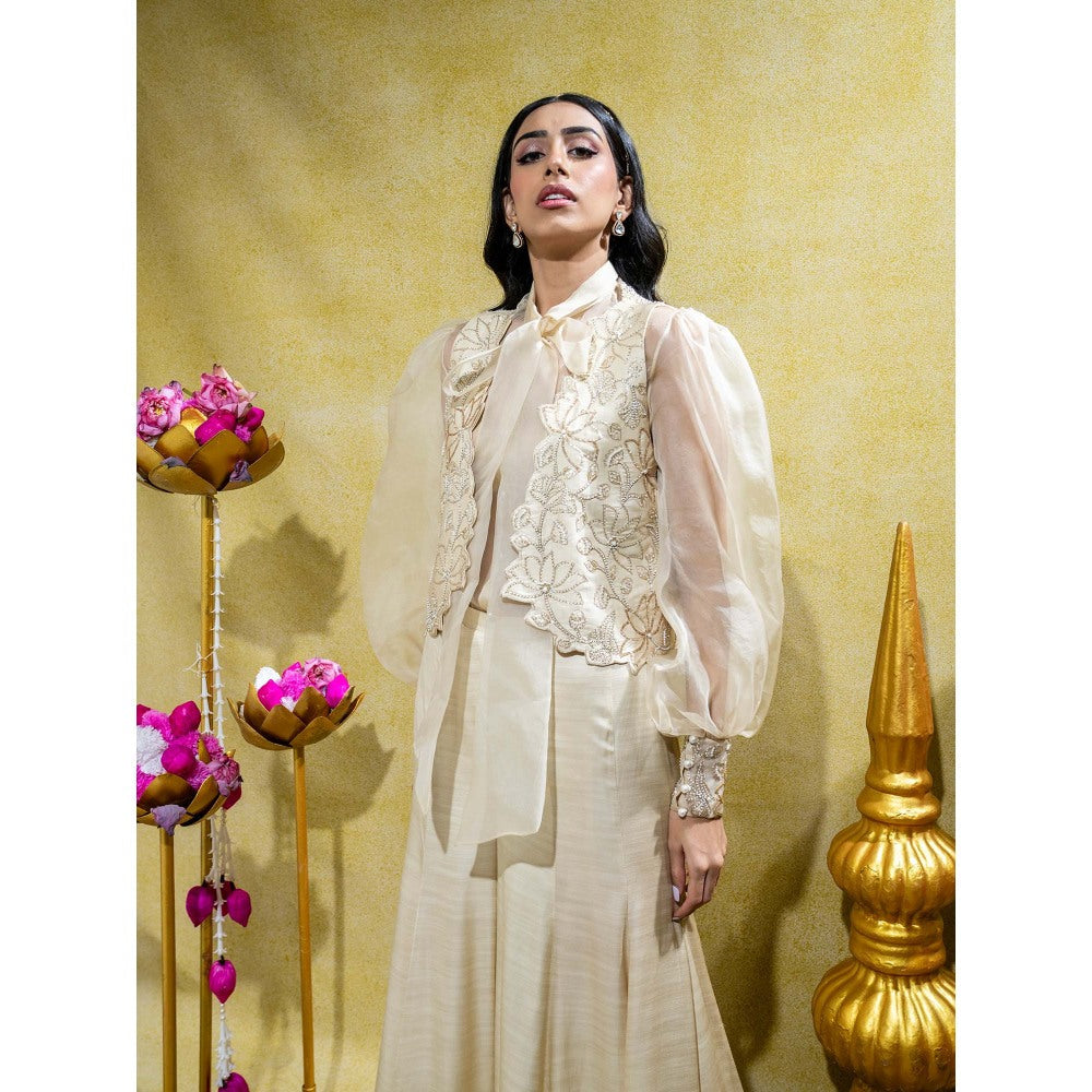 Sheela Suthar Ivory Embordered Silk Organza Shirt with Jacket and Palazzo (Set of 3)