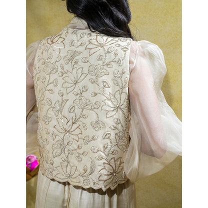 Sheela Suthar Ivory Embordered Silk Organza Shirt with Jacket and Palazzo (Set of 3)
