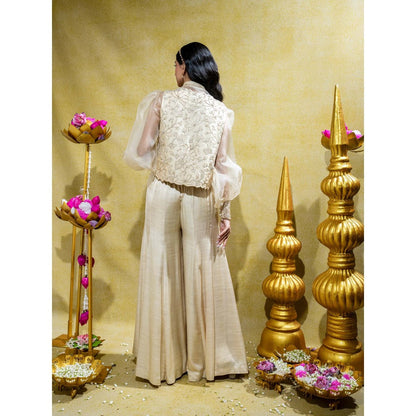 Sheela Suthar Ivory Embordered Silk Organza Shirt with Jacket and Palazzo (Set of 3)