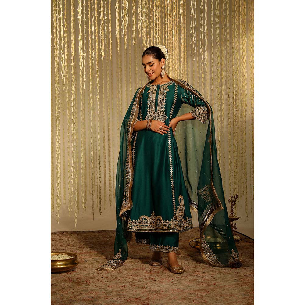 Sheetal Batra Sabirah Kurta & Palazzo with Dupatta-Green (Set of 3)