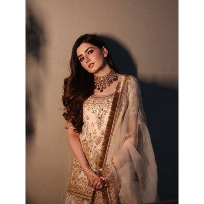 Sheetal Batra Mazneen Kurta & Sharara Pant with Dupatta-Ivory (Set of 3)