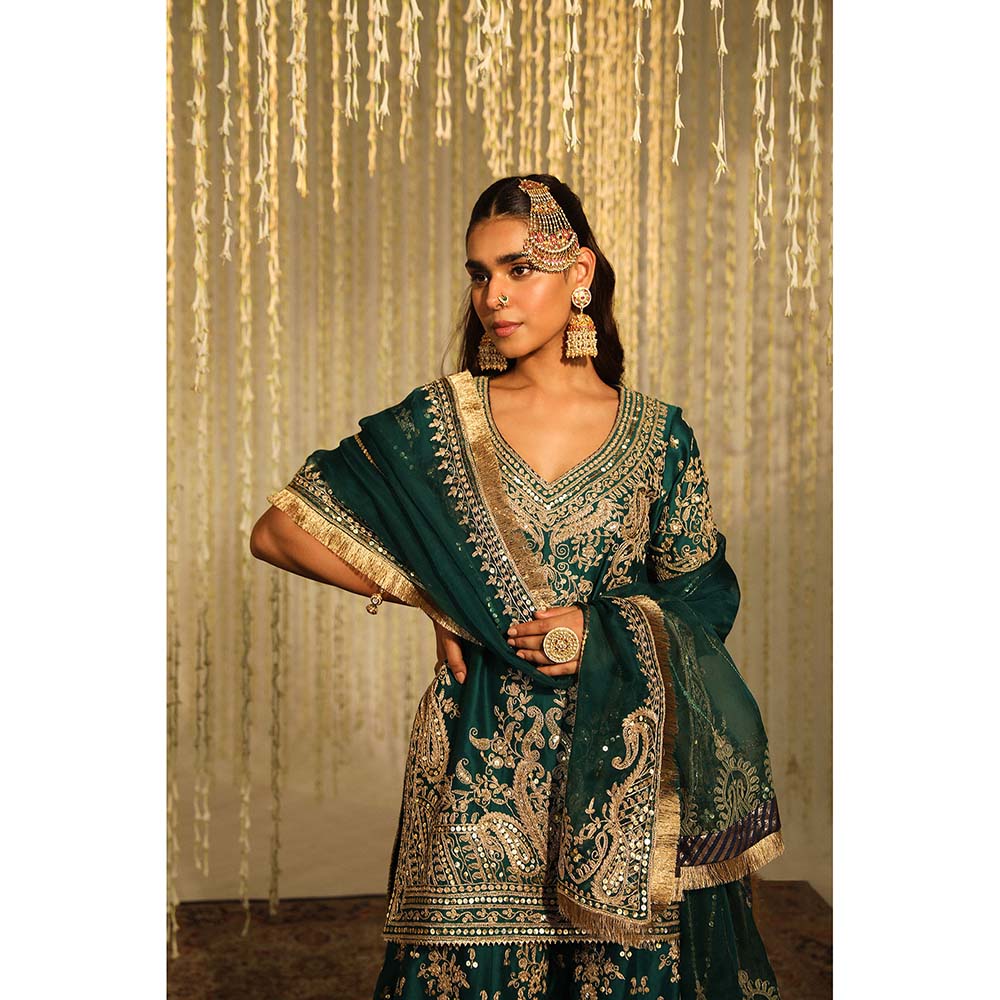 Sheetal Batra Aafiya Kurta & Sharara Pant with Dupatta-Green (Set of 3)