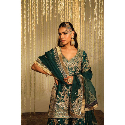 Sheetal Batra Aafiya Kurta & Sharara Pant with Dupatta-Green (Set of 3)