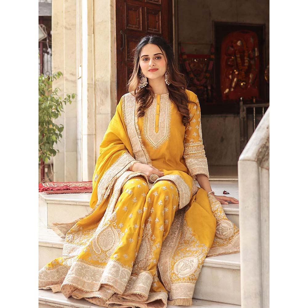 Sheetal Batra Mustard Kurta With Sharara And Dupatta (Set of 3)