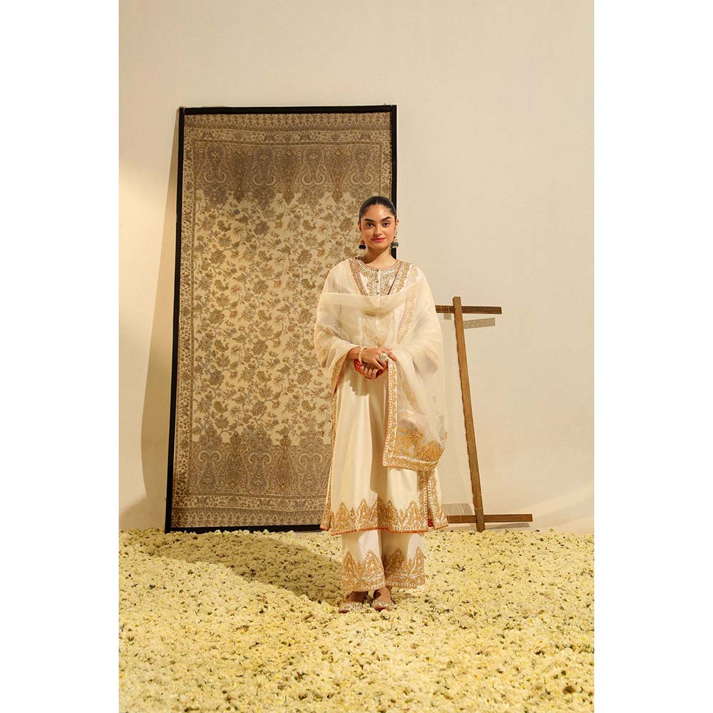 Sheetal Batra Ivory Sahana Long A-Line Kurta with Palazzo and Dupatta (Set of 3)