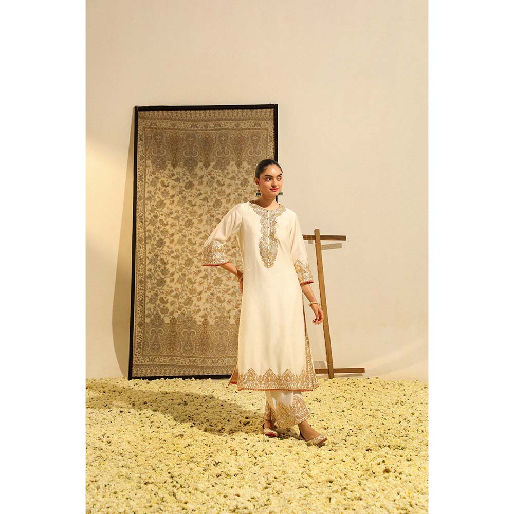 Sheetal Batra Ivory Sahana Long A-Line Kurta with Palazzo and Dupatta (Set of 3)