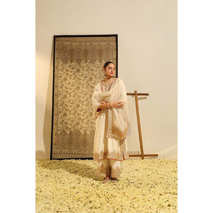 Sheetal Batra Ivory Sahana Long A-Line Kurta with Palazzo and Dupatta (Set of 3)