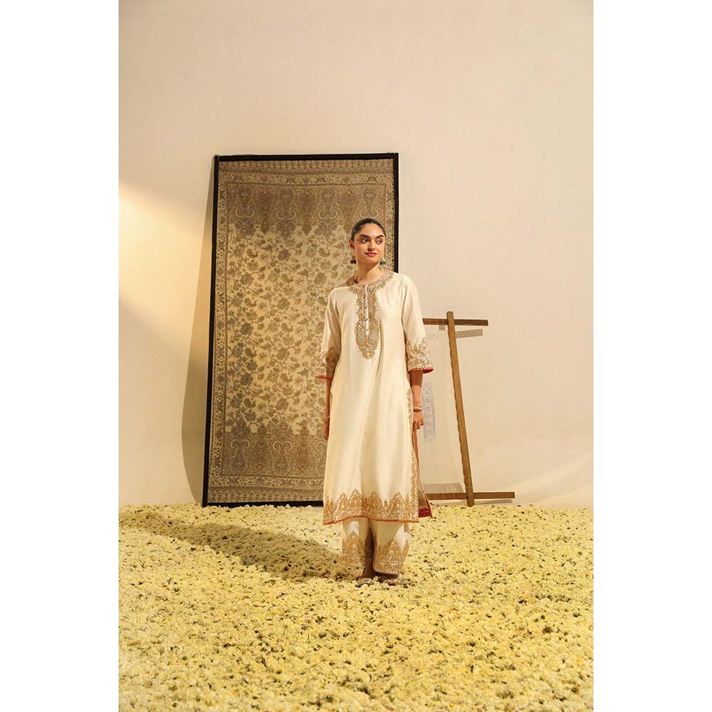 Sheetal Batra Ivory Sahana Long A-Line Kurta with Palazzo and Dupatta (Set of 3)