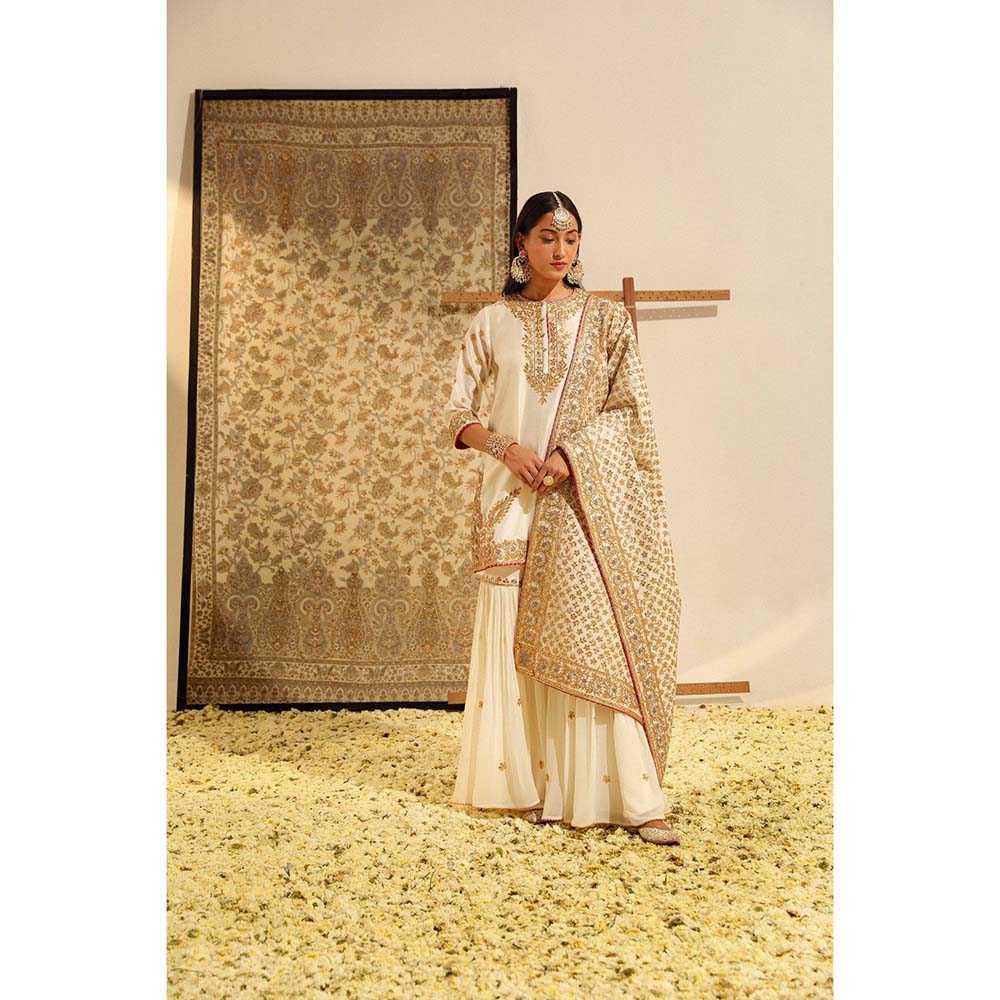 Sheetal Batra Ivory Shamshul Short Kurta with Sharara and Dupatta (Set of 3)