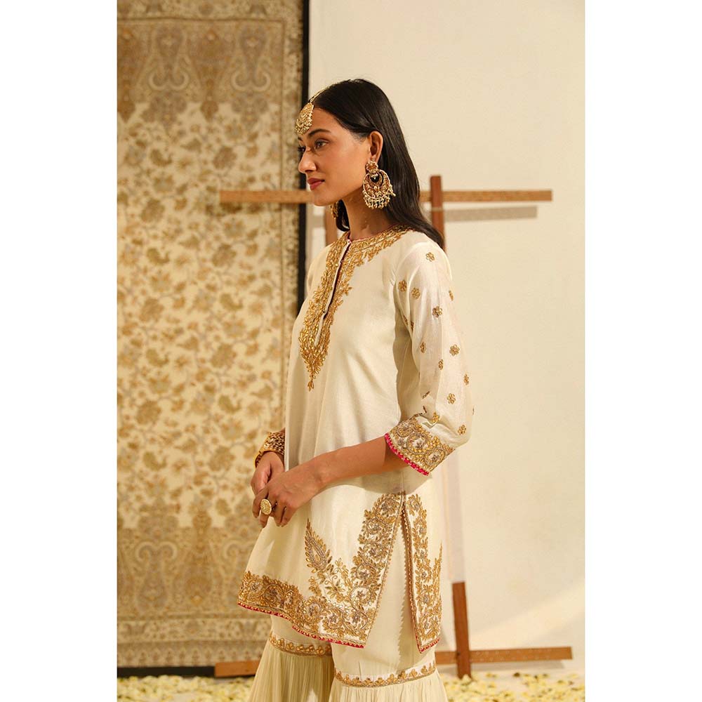 Sheetal Batra Ivory Shamshul Short Kurta with Sharara and Dupatta (Set of 3)