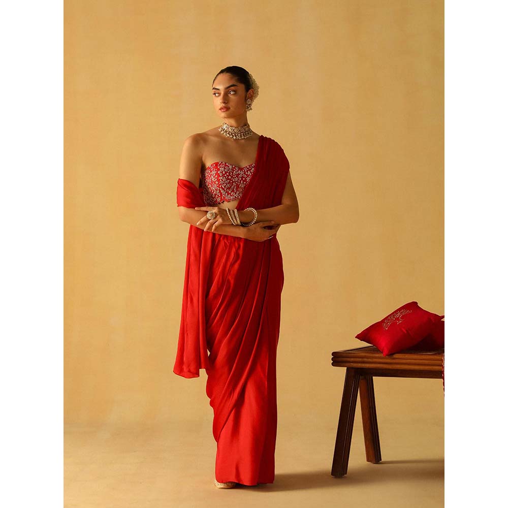 Sheetal Batra Rumaan Deep Red Pre Draped Saree with Stitched Blouse and Belt