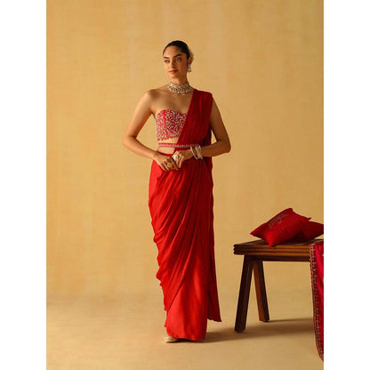 Sheetal Batra Rumaan Deep Red Pre Draped Saree with Stitched Blouse and Belt