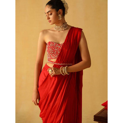 Sheetal Batra Rumaan Deep Red Pre Draped Saree with Stitched Blouse and Belt