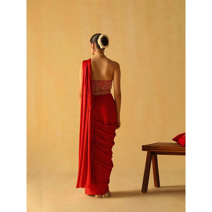 Sheetal Batra Rumaan Deep Red Pre Draped Saree with Stitched Blouse and Belt