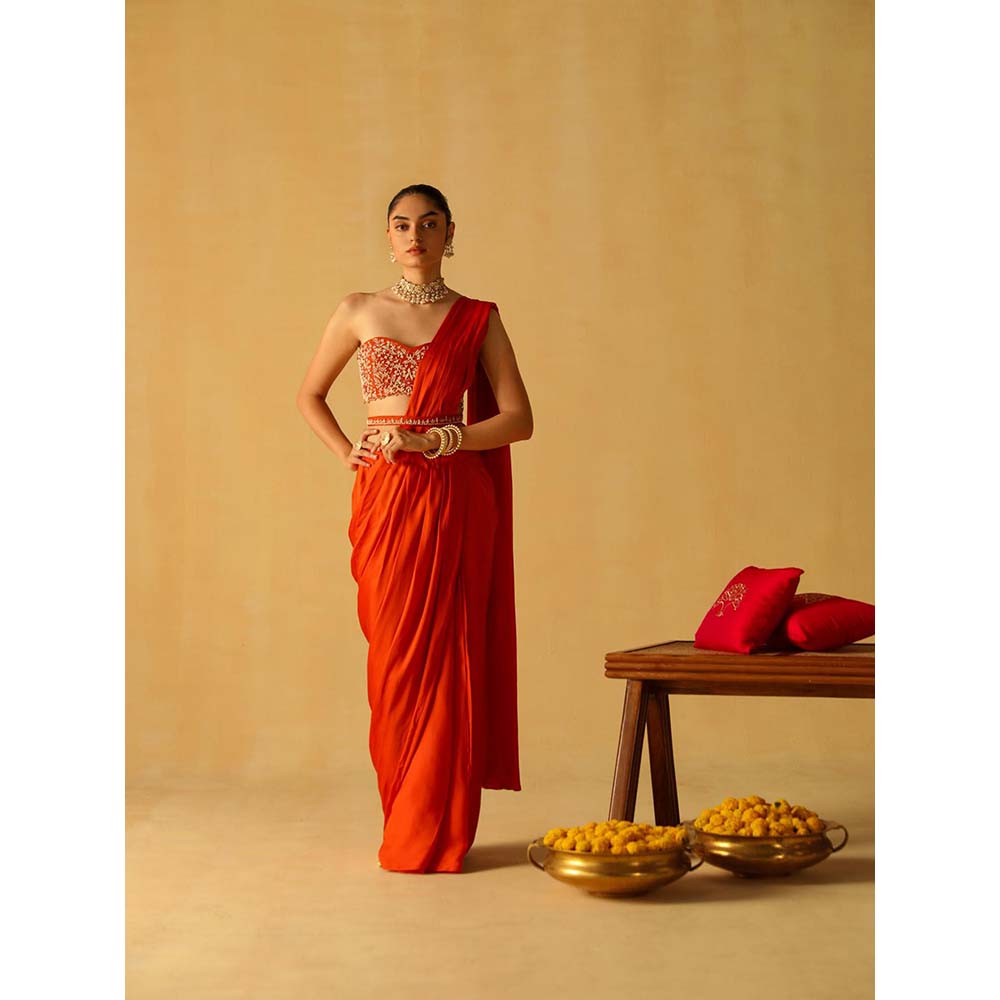 Sheetal Batra Rumaan Burnt Orange Pre Draped Saree with Stitched Blouse and Belt