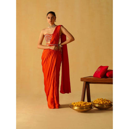 Sheetal Batra Rumaan Burnt Orange Pre Draped Saree with Stitched Blouse and Belt