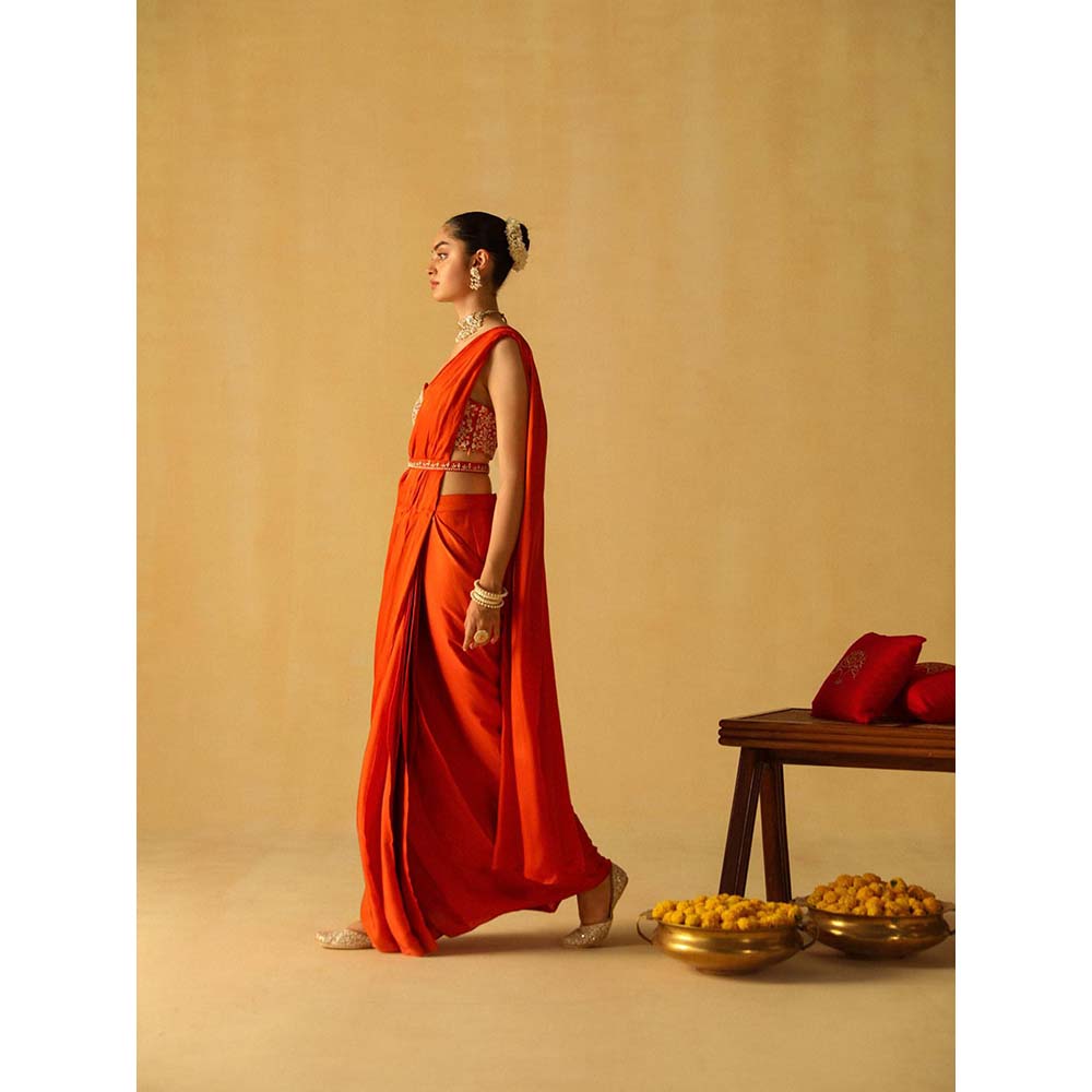 Sheetal Batra Rumaan Burnt Orange Pre Draped Saree with Stitched Blouse and Belt