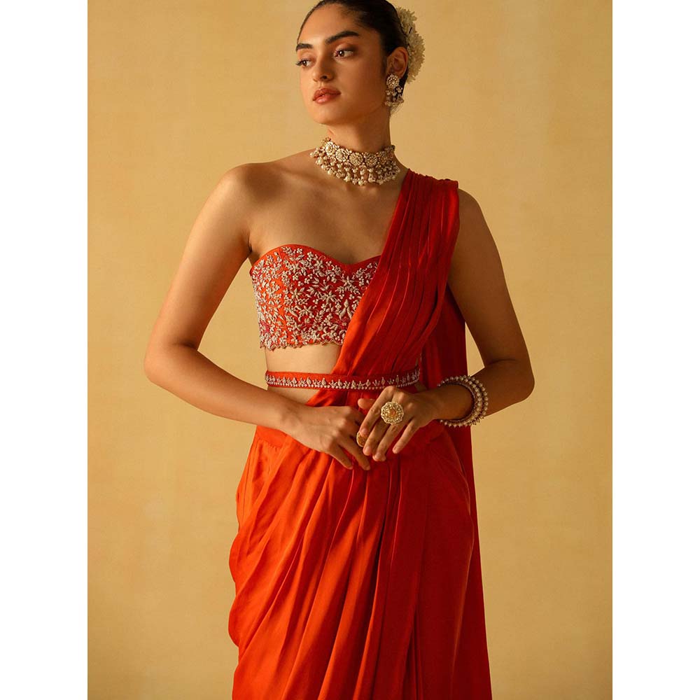 Sheetal Batra Rumaan Burnt Orange Pre Draped Saree with Stitched Blouse and Belt