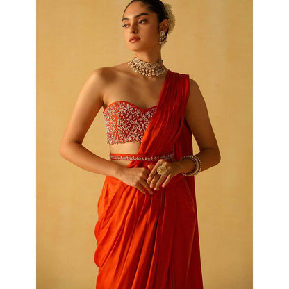 Sheetal Batra Rumaan Burnt Orange Pre Draped Saree with Stitched Blouse and Belt