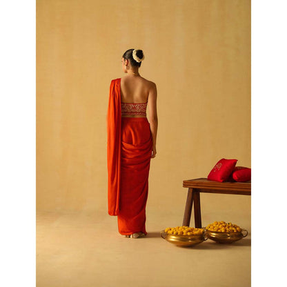 Sheetal Batra Rumaan Burnt Orange Pre Draped Saree with Stitched Blouse and Belt