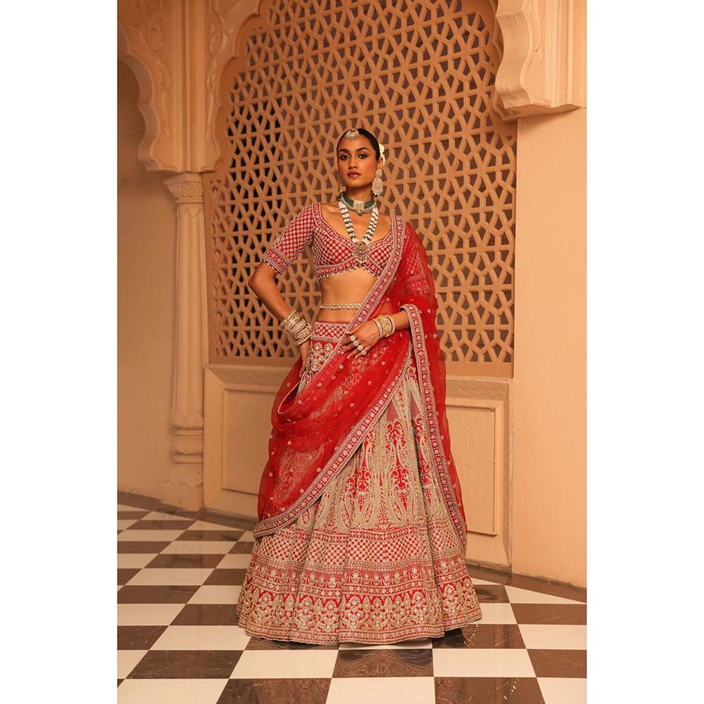 Sheetal Batra Nazreen Red Lehenga with Blouse and Dupatta (Set of 3)
