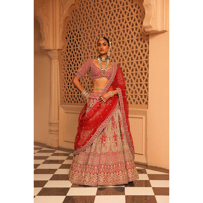 Sheetal Batra Nazreen Red Lehenga with Blouse and Dupatta (Set of 3)