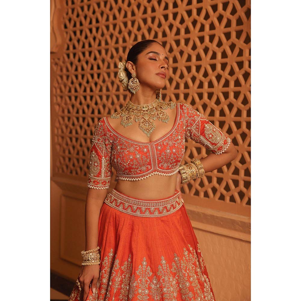 Sheetal Batra Faizah Orange Lehenga with Blouse and Dupatta (Set of 3)