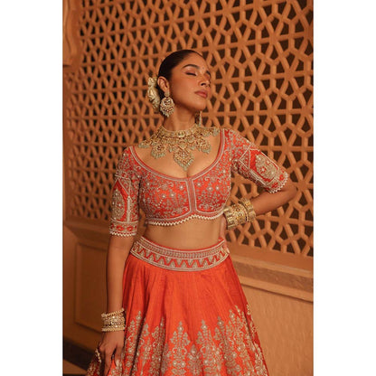 Sheetal Batra Faizah Orange Lehenga with Blouse and Dupatta (Set of 3)