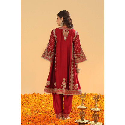 Sheetal Batra Shahzain Deep Red Kalidaar Kurta with Salwar and Khada Dupatta (Set of 3)