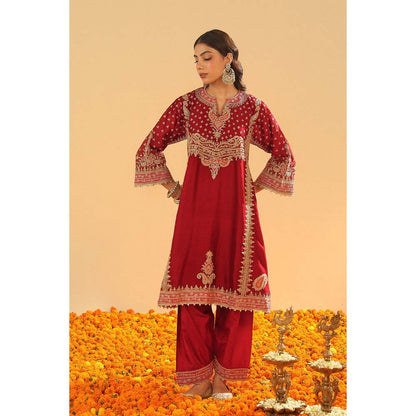 Sheetal Batra Shahzain Deep Red Kalidaar Kurta with Salwar and Khada Dupatta (Set of 3)