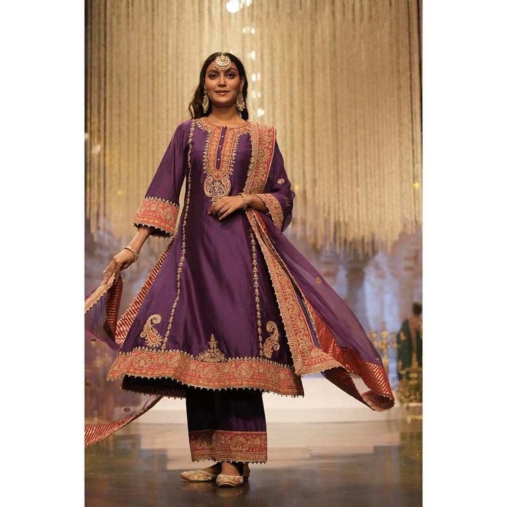 Sheetal Batra Maisha Deep Purple Long ALine Kurta with Palazzo and Dupatta (Set of 3)