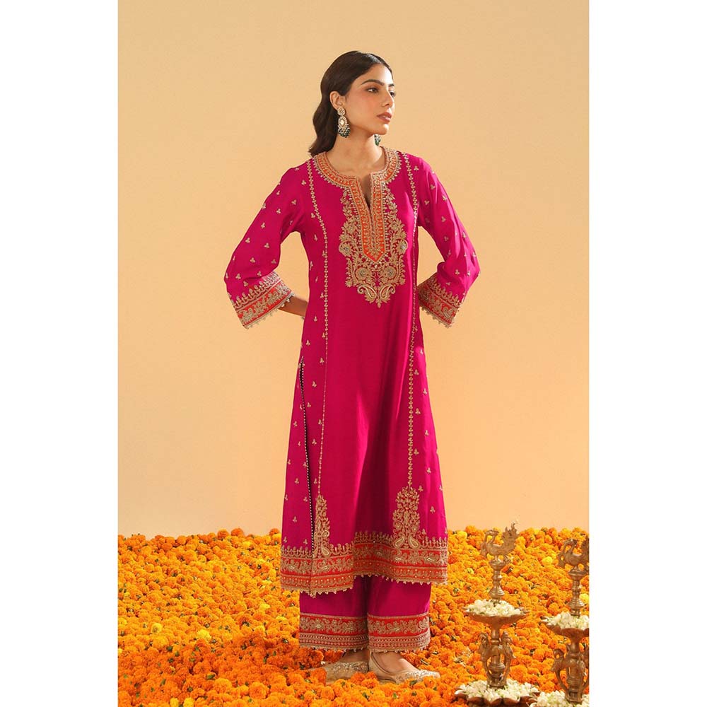 Sheetal Batra Amish Hot Pink Long ALine Kurta with Palazzo and Dupatta (Set of 3)