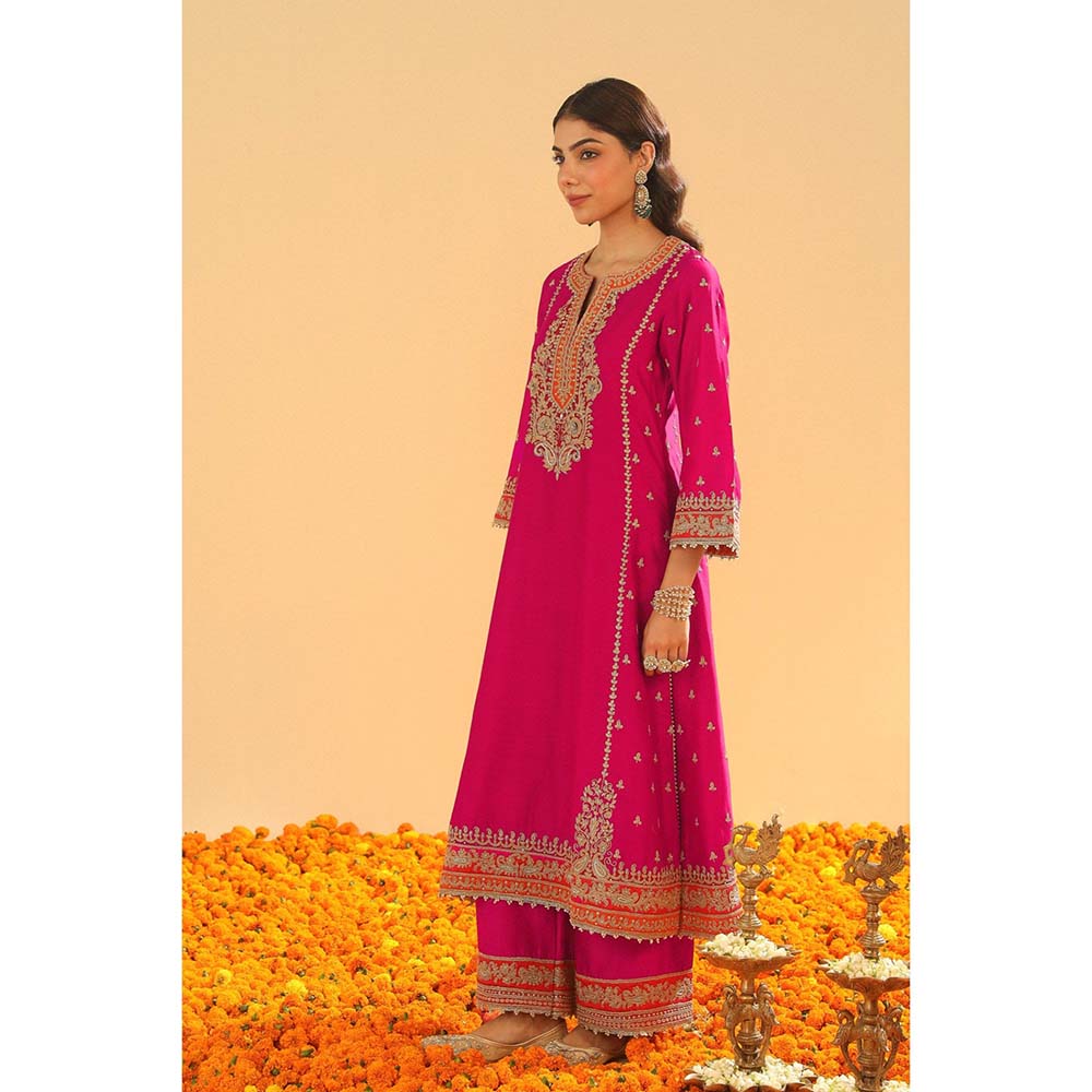Sheetal Batra Amish Hot Pink Long ALine Kurta with Palazzo and Dupatta (Set of 3)