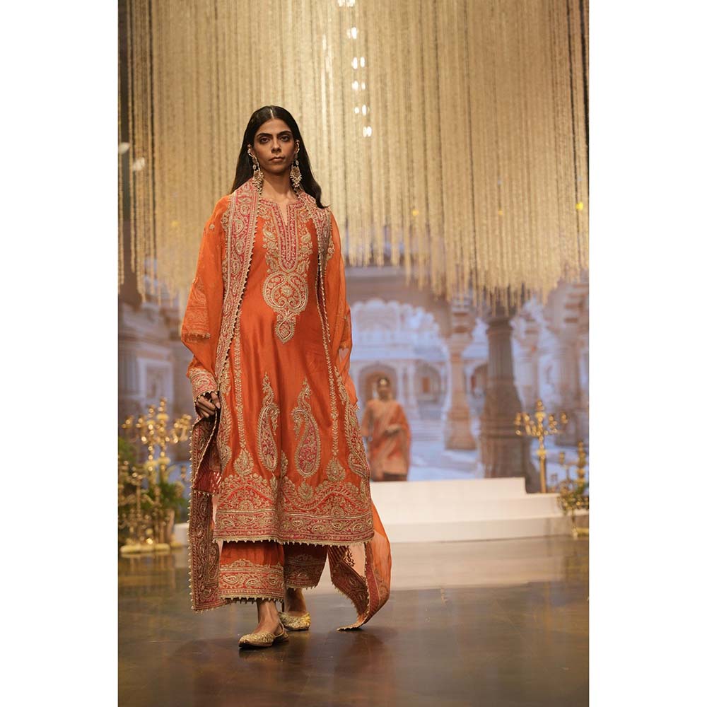 Sheetal Batra Misaim Burnt Orange Long ALine Kurta with Palazzo and Dupatta (Set of 3)