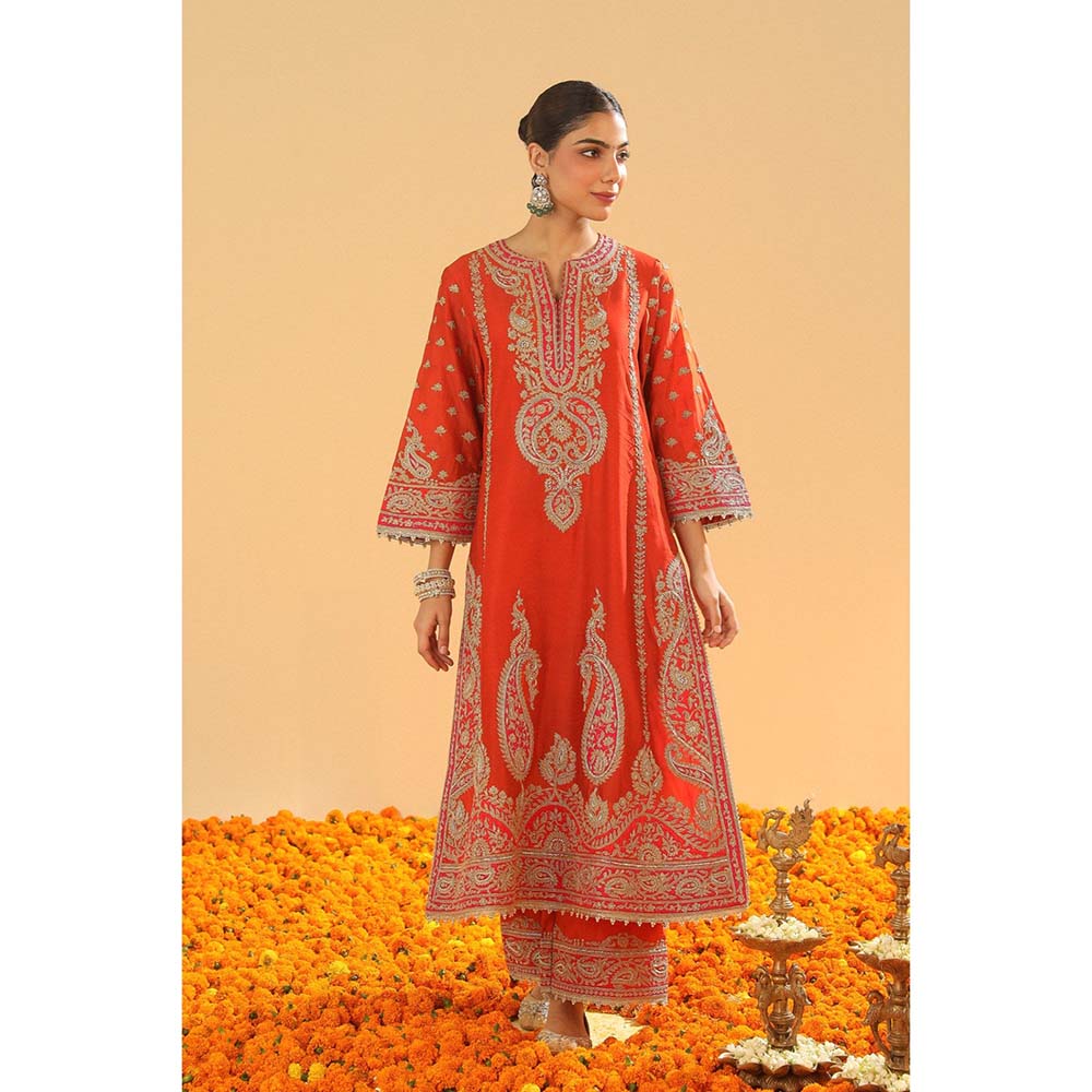 Sheetal Batra Misaim Burnt Orange Long ALine Kurta with Palazzo and Dupatta (Set of 3)