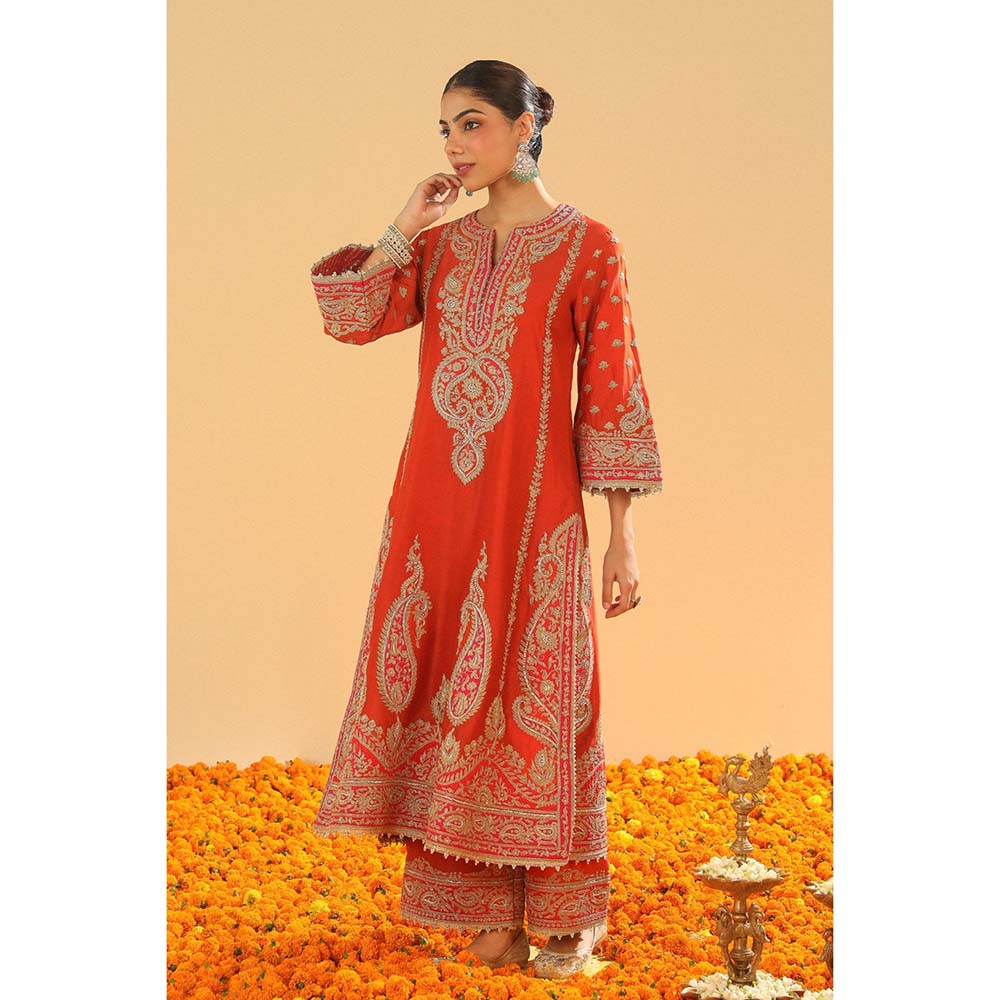 Sheetal Batra Misaim Burnt Orange Long ALine Kurta with Palazzo and Dupatta (Set of 3)