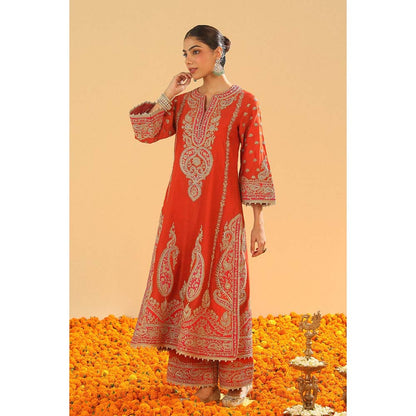 Sheetal Batra Misaim Burnt Orange Long ALine Kurta with Palazzo and Dupatta (Set of 3)