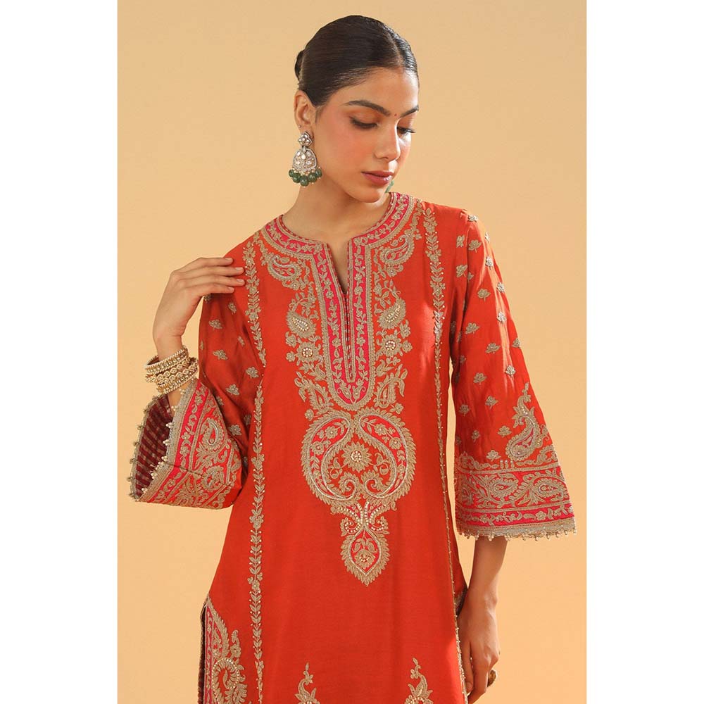 Sheetal Batra Misaim Burnt Orange Long ALine Kurta with Palazzo and Dupatta (Set of 3)