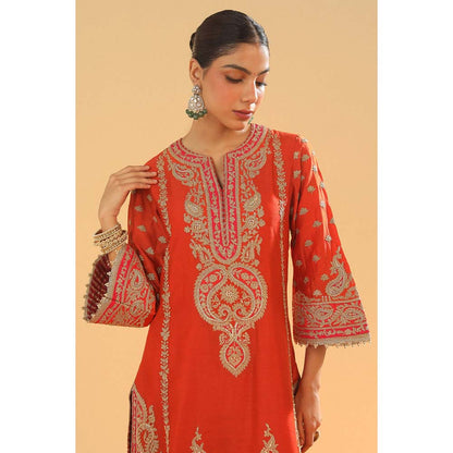 Sheetal Batra Misaim Burnt Orange Long ALine Kurta with Palazzo and Dupatta (Set of 3)