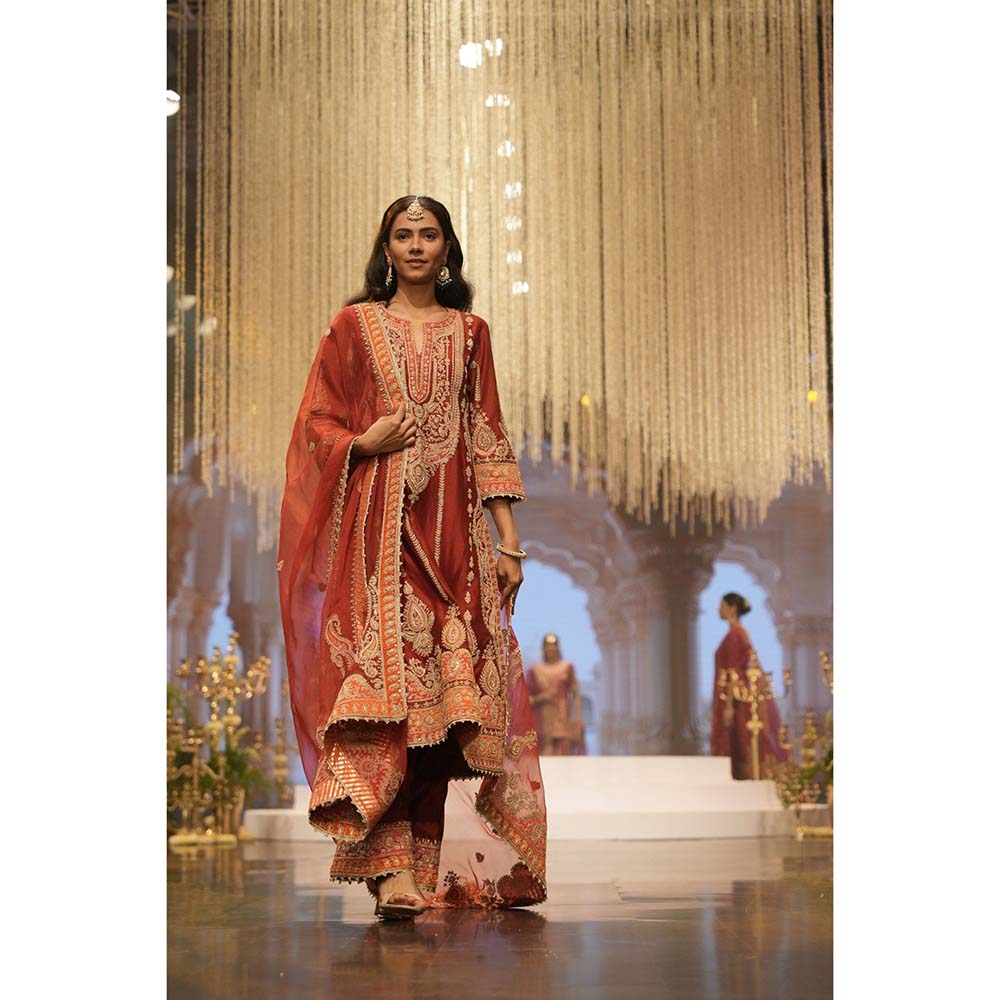 Sheetal Batra Rua Deep Red Long ALine Kurta with Palazzo and Dupatta (Set of 3)