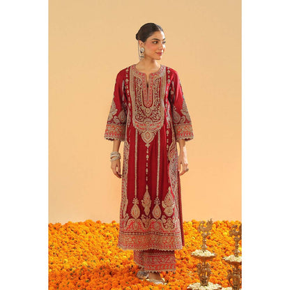 Sheetal Batra Rua Deep Red Long ALine Kurta with Palazzo and Dupatta (Set of 3)